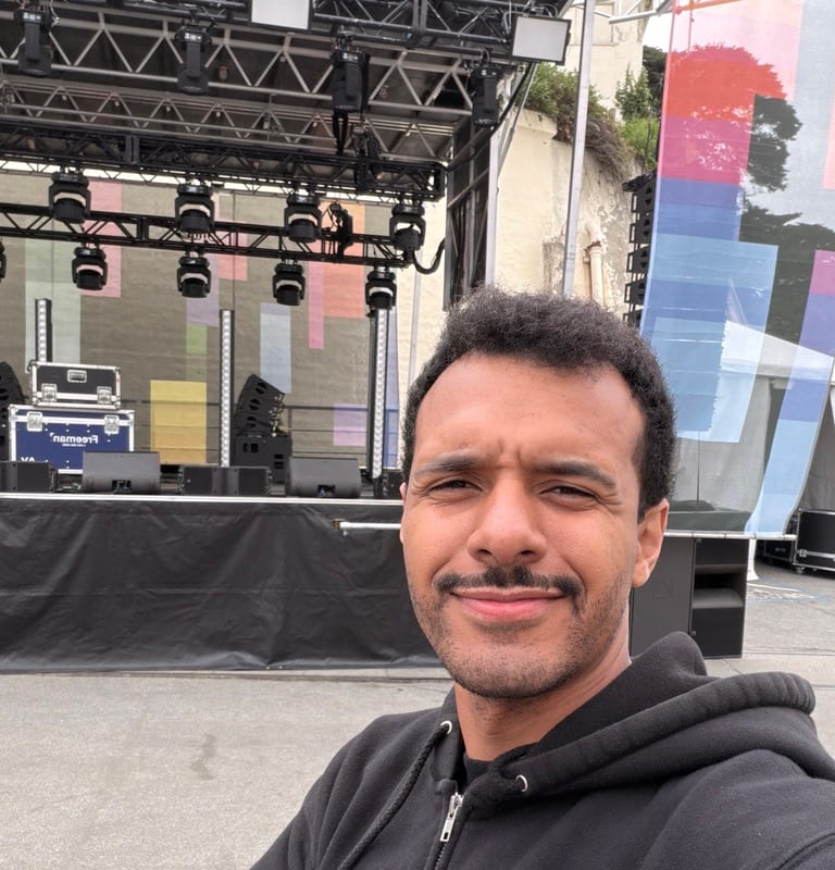 Victor in a Sound Image hoodie — backstage selfie before doors, gear cases visible behind him.