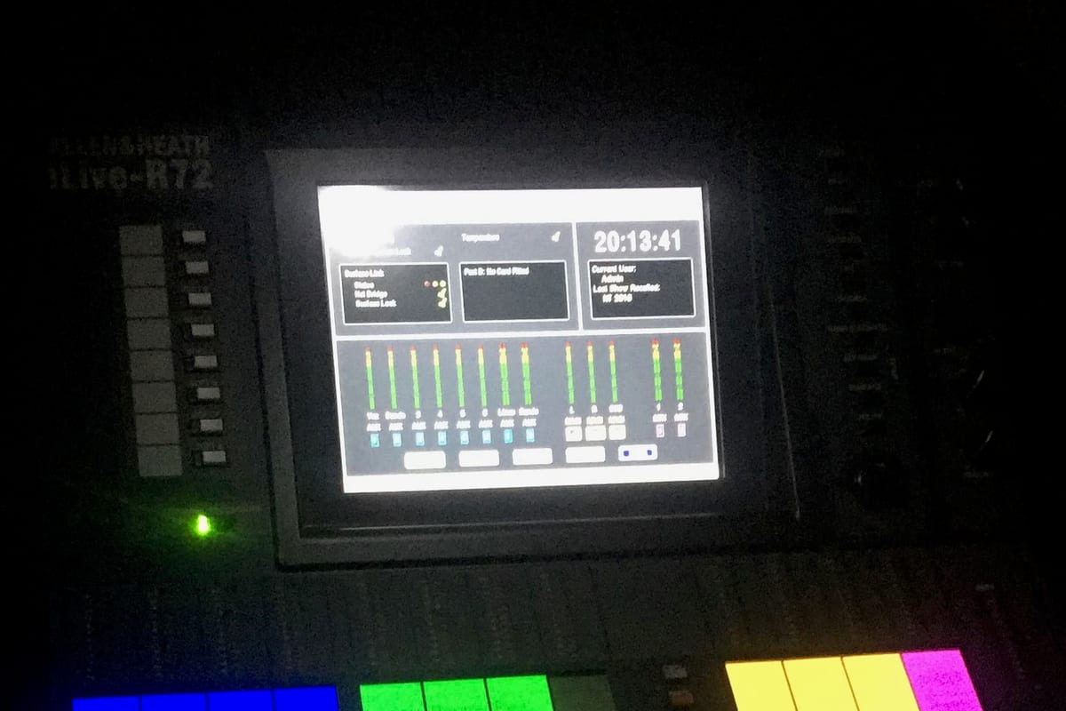Backlit Allen & Heath iLive R72 console in a dark room — four blue, four green, four yellow, and a magenta pad form a glowing color palette.
